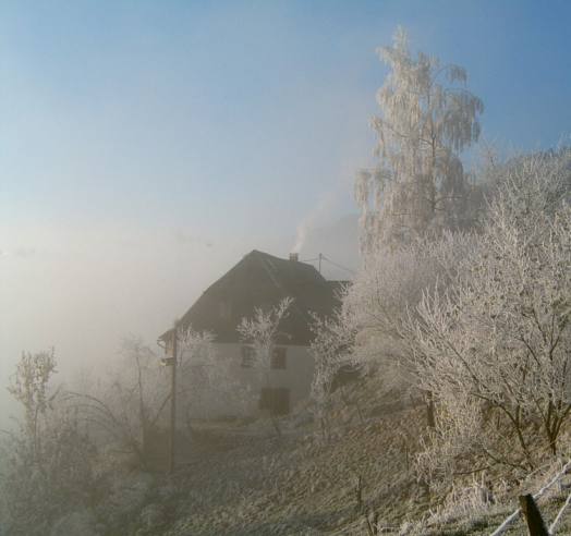 Ambiance hivernale : le gîte sous le givre